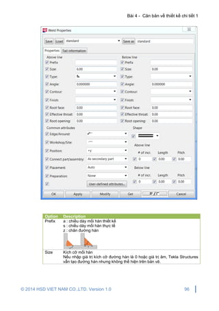 Bài 4 - Căn bản về thiết kế chi tiết 1
© 2014 HSD VIET NAM CO.,LTD. Version 1.0 96
Option Description
Prefix a : chiều dày mối hàn thiết kế
s : chiều dày mối hàn thực tế
z : chân đường hàn
Size Kích cỡ mối hàn
Nếu nhập giá trị kích cỡ đường hàn là 0 hoặc giá trị âm, Tekla Structures
vẫn tạo đường hàn nhưng không thể hiện trên bản vẽ.
 