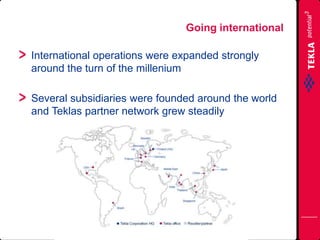 Going international
International operations were expanded strongly
around the turn of the millenium
Several subsidiaries were founded around the world
and Teklas partner network grew steadily
 