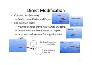 Direct Modification
• Construction Geometry
– Points, Lines, Circles and Planes
• Construction circles
– Now true circles providing accurate snapping
– Continuous solid line is easier to snap to
– Improved performance for large diameter
circles
15
Check radius
Re-size
Offset
Move end pointsOld: Straight segments
Dashed line
New: True curve
Solid line
 