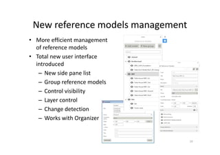 New reference models management
• More efficient management
of reference models
• Total new user interface
introduced
– New side pane list
– Group reference models
– Control visibility
– Layer control
– Change detection
– Works with Organizer
19
 