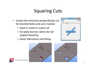 Squaring Cuts
• Create the minimum perpendicular cut
for beveled holes and cuts in plates
– Input is a part or a part cut
– For plate burners which do not
support beveling
– Easier fabrication and fitting
33
 