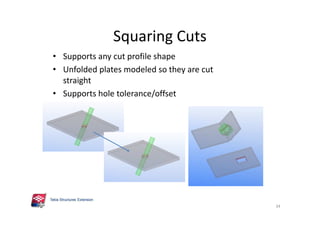 Squaring Cuts
• Supports any cut profile shape
• Unfolded plates modeled so they are cut
straight
• Supports hole tolerance/offset
34
 