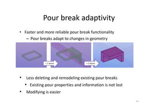 Pour break adaptivity
• Faster and more reliable pour break functionality
– Pour breaks adapt to changes in geometry
• Less deleting and remodeling existing pour breaks
• Existing pour properties and information is not lost
• Modifying is easier
40
+ 1 beam + 2 beam
 