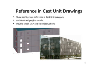Reference in Cast Unit Drawings
• Show architecture reference in Cast Unit drawings
• Architectural graphic facade
• Double check MEP and hole reservations
74
 