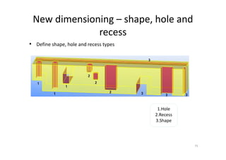 New dimensioning – shape, hole and
recess
• Define shape, hole and recess types
75
1.Hole
2.Recess
3.Shape
 