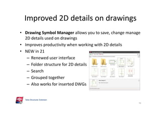 Improved 2D details on drawings
• Drawing Symbol Manager allows you to save, change manage
2D details used on drawings
• Improves productivity when working with 2D details
• NEW in 21
– Renewed user interface
– Folder structure for 2D details
– Search
– Grouped together
– Also works for inserted DWGs
76
 