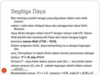 Segitiga Daya
Bila meninjau jumlah tenaga yang digunakan dalam satu detik
(satuan
waktu), maka akan didapat daya atau penggunaan daya listrik.
Besaran
daya ditulis dengan notasi hutuf P dengan satuan watt (W). Nama
Watt diambil dari seorang ahli fisika dan mesin bangsa Inggris
bernama James Watt (1736 – 1810).
Dalam rangkaian listrik, daya berbanding lurus dengan tegangan
dan
arus. Pernyataan ini dapat ditulis dalam bentuk persamaan sebagai
berikut : P = I.E atau P=I.V
Dimana P : daya listrik dalam satuan watt (W), I : arus listrik dalam
satuan ampere (A), dan E : adalah tegangan alistrik dalam satuan
volt (V).
Berdasarkan rumus : P = I x E ; karena I = E/R, maka P = (E/R) x E
Teknik Dasar Listrik :14
 