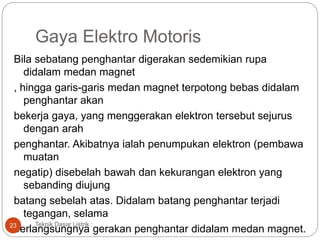 Gaya Elektro Motoris
Bila sebatang penghantar digerakan sedemikian rupa
didalam medan magnet
, hingga garis-garis medan magnet terpotong bebas didalam
penghantar akan
bekerja gaya, yang menggerakan elektron tersebut sejurus
dengan arah
penghantar. Akibatnya ialah penumpukan elektron (pembawa
muatan
negatip) disebelah bawah dan kekurangan elektron yang
sebanding diujung
batang sebelah atas. Didalam batang penghantar terjadi
tegangan, selama
berlangsungnya gerakan penghantar didalam medan magnet.
Teknik Dasar Listrik :23
 