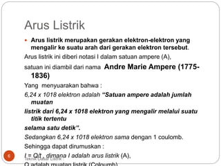 Arus Listrik
 Arus listrik merupakan gerakan elektron-elektron yang
mengalir ke suatu arah dari gerakan elektron tersebut.
Arus listrik ini diberi notasi I dalam satuan ampere (A),
satuan ini diambil dari nama Andre Marie Ampere (1775-
1836)
Yang menyuarakan bahwa :
6,24 x 1018 elektron adalah “Satuan ampere adalah jumlah
muatan
listrik dari 6,24 x 1018 elektron yang mengalir melalui suatu
titik tertentu
selama satu detik”.
Sedangkan 6,24 x 1018 elektron sama dengan 1 coulomb.
Sehingga dapat dirumuskan :
I = Q/t , dimana I adalah arus listrik (A),6
Teknik Dasar Listrik :
 