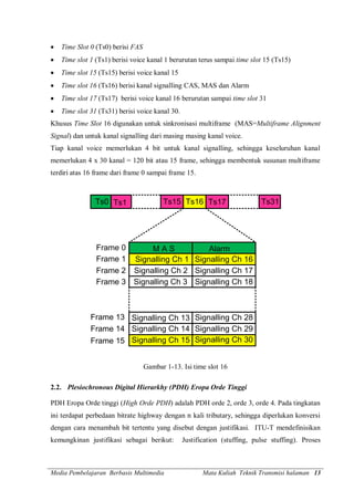 Media Pembelajaran Berbasis Multimedia Mata Kuliah Teknik Transmisi halaman 13
 Time Slot 0 (Ts0) berisi FAS
 Time slot 1 (Ts1) berisi voice kanal 1 berurutan terus sampai time slot 15 (Ts15)
 Time slot 15 (Ts15) berisi voice kanal 15
 Time slot 16 (Ts16) berisi kanal signalling CAS, MAS dan Alarm
 Time slot 17 (Ts17) berisi voice kanal 16 berurutan sampai time slot 31
 Time slot 31 (Ts31) berisi voice kanal 30.
Khusus Time Slot 16 digunakan untuk sinkronisasi multiframe (MAS=Multiframe Alignment
Signal) dan untuk kanal signalling dari masing masing kanal voice.
Tiap kanal voice memerlukan 4 bit untuk kanal signalling, sehingga keseluruhan kanal
memerlukan 4 x 30 kanal = 120 bit atau 15 frame, sehingga membentuk susunan multiframe
terdiri atas 16 frame dari frame 0 sampai frame 15.
Signalling Ch 29
Signalling Ch 28
Signalling Ch 14
Signalling Ch 13
Ts15 Ts31Ts17Ts16Ts1Ts0
Signalling Ch 1
Signalling Ch 18
Frame 0 M A S Alarm
Signalling Ch 15 Signalling Ch 30
Signalling Ch 3
Signalling Ch 17Signalling Ch 2
Signalling Ch 16Frame 1
Frame 2
Frame 3
Frame 13
Frame 14
Frame 15
Gambar 1-13. Isi time slot 16
2.2. Plesiochronous Digital Hierarkhy (PDH) Eropa Orde Tinggi
PDH Eropa Orde tinggi (High Orde PDH) adalah PDH orde 2, orde 3, orde 4. Pada tingkatan
ini terdapat perbedaan bitrate highway dengan n kali tributary, sehingga diperlukan konversi
dengan cara menambah bit tertentu yang disebut dengan justifikasi. ITU-T mendefinisikan
kemungkinan justifikasi sebagai berikut: Justification (stuffing, pulse stuffing). Proses
 
