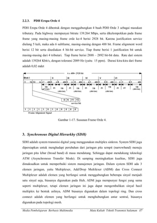 Media Pembelajaran Berbasis Multimedia Mata Kuliah Teknik Transmisi halaman 17
2.2.3. PDH Eropa Orde 4
PDH Eropa Orde 4 dibentuk dengan menggabungkan 4 buah PDH Orde 3 sebagai masukan
tributary. Pada highway mempunyai bitrate 139.264 Mbps, serta dikelompokkan pada frame
frame yang masing-masing frame orde ke-4 berisi 2928 bit. Karena justification service
diulang 5 kali, maka ada 6 subframe, masing-masing dengan 488 bit. Frame alignment word
berisi 12 bit serta disediakan 4 bit-bit service. Tiap frame berisi 1 justification bit untuk
masing-masing dari 4 tributari. Tiap frame berisi 2888 – 2892 bit-bit data. Rate dari sistem
adalah 139264 Kbit/s, dengan toleransi 2089 Hz (yaitu 15 ppm). Durasi kira-kira dari frame
adalah 0,02 mdet
Gambar 1-17. Susunan Frame Orde 4.
3. Synchronous Digital Hierarkhy (SDH)
SDH adalah system transmisi digital yang menggunakan multiplex sinkron. System SDH juga
dipersiapkan untuk menghadapi perubahan dari jaringan pita sempit (narrowband) menuju
jaringan pita lebar (broad band) di masa mendatang. Sehingga dapat mendukung teknologi
ATM (Asynchronous Transfer Mode). Di samping meningkatkan kualitas, SDH juga
dimaksudkan untuk memperbaiki sistem manajemen jaringan. Dalam system SDH ada 3
elemen jaringan, yaitu Multiplexer, Add/Drop Multilexer (ADM) dan Cross Connect
Multiplexer adalah elemen yang berfungsi untuk menggabungkan beberapa sinyal menjadi
satu sinyal saja, biasanya digunakan pada Hub, ADM juga mempunyai fungsi yang sama
seperti multiplexer, tetapi elemen jaringan ini juga dapat mengembalikan sinyal hasil
multiplex ke bentuk aslinya, ADM biasanya digunakan dalam topologi ring. Dan cross
connect adalah elemen yang berfungsi untuk menghubungkan antar sentral, biasanya
digunakan pada topologi mesh.
 