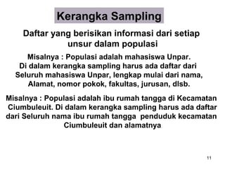 Kerangka Sampling
    Daftar yang berisikan informasi dari setiap
              unsur dalam populasi
     Misalnya : Populasi adalah mahasiswa Unpar.
   Di dalam kerangka sampling harus ada daftar dari
  Seluruh mahasiswa Unpar, lengkap mulai dari nama,
      Alamat, nomor pokok, fakultas, jurusan, dlsb.
Misalnya : Populasi adalah ibu rumah tangga di Kecamatan
Ciumbuleuit. Di dalam kerangka sampling harus ada daftar
dari Seluruh nama ibu rumah tangga penduduk kecamatan
                Ciumbuleuit dan alamatnya



                                                      11
 