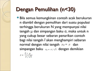 Dengan Pemulihan (n<30)Dengan Pemulihan (n<30)
Bila semua kemungkinan contoh acak berukuran
n diambil dengan pemulihan dari suatu populasi
terhingga berukuran N yang mempunyai nilai
tengah μ dan simpangan baku σ, maka untuk n
yang cukup besar sebaran penarikan contoh
bagi nilai tengah akan menghampiri sebaran
normal dengan nilai tengah dan
simpangan baku dengan demikian
 