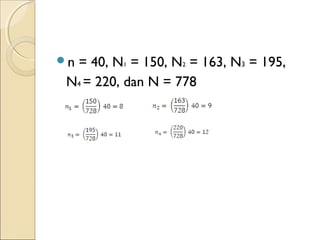 n = 40, N1 = 150, N2 = 163, N3 = 195,
N4 = 220, dan N = 778
 