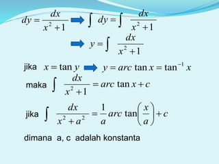 12


x
dx
dy
12

  x
dx
dy
12

  x
dx
y
jika yx tan xxarcy 1
tantan 

maka cxarc
x
dx

 tan
12
jika c
a
x
arc
aax
dx







 tan
1
22
dimana a, c adalah konstanta
 