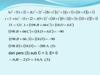       33)2()2(22156 2222
 xEDxxxCBxxAxx
      33333)29(3)29(221563 22
 EDCBAxxx
   EDCB 618661981.12131 
    9061866198  EDCB
    90183.66198  DB
    )5(28818198  DB
dari pers (3) sub C = 3, E= 0
)3(1626  DB
 