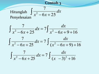 Contoh 3
Hitunglah
Penyelesaian
 
dx
xx 256
7
2
 

 1696
7
256
7
22
xx
dx
dx
xx
 

 16)96(
7
256
7
22
xx
dx
dx
xx
 

 16)3(
7
256
7
22
x
dx
dx
xx
 
