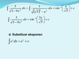 c
x
dx
x









 5
3
sin
95
3 1
2
 
c
u
du
u
dx
x











 5
sin
5
1
95
3 1
222
d. Substitusi eksponen
cedxe xx

 