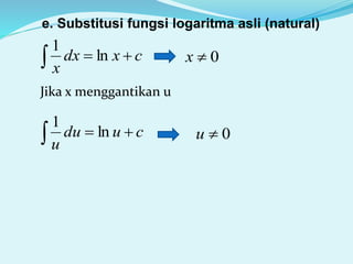 e. Substitusi fungsi logaritma asli (natural)
cxdx
x
 ln
1
0x
Jika x menggantikan u
cudu
u
 ln
1
0u
 