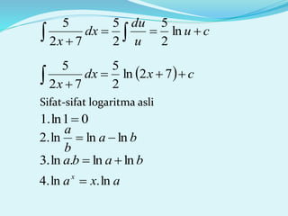 cu
u
du
dx
x

  ln
2
5
2
5
72
5
  cxdx
x

 72ln
2
5
72
5
Sifat-sifat logaritma asli
01ln.1 
ba
b
a
lnlnln.2 
baba lnln.ln.3 
axax
ln.ln.4 
 