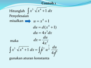 Contoh 1
Hitunglah
Penyelesaian
  dxxx 143
misalkan 14
 xu
)1( 4
 xddu
dxxdu 3
4
3
4x
du
dx maka
3
2
1
343
4
1
x
du
uxdxxx  
gunakan aturan konstanta
 