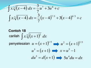   cuudxxx 
473 3
7
3
4.
      cxxdxxx 
3/43/73 434
7
3
4.
Contoh 18
carilah   dxxx 5 2
1.
penyelesaian   5/1
1 xu
 15
 xu 15
 ux
 15
 xddu dxduu 4
5
  5/22
1 xu
 