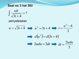 Soal no 3 hal 393
?
43

 t
tdt
penyelesaian
43  tu 432
 tu
3
42


u
t
   432
 tdud
dtudu 32 
3
2udu
dt 
 