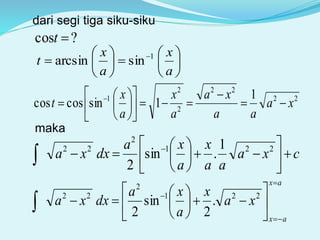dari segi tiga siku-siku
?cos t












 
a
x
a
x
t 1
sinarcsin
22
22
2
2
1 1
1sincoscos xa
aa
xa
a
x
a
x
t 













 
maka
cxa
aa
x
a
xa
dxxa 











 

221
2
22 1
.sin
2
ax
ax
xa
x
a
xa
dxxa
















221
2
22
.
2
sin
2
 