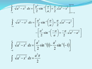 ax
ax
a
a
xa
x
a
xa
dxxa

















221
2
22
.
2
sin
2













 


















221
2
221
2
22
.
2
sin
2
.
2
sin
2
aa
a
a
aa
aa
a
a
aa
dxxa
a
a
   





 

 1sin
2
1sin
2
1
2
1
2
22 aa
dxxa
a
a
2
2
22 a
dxxa 
 
