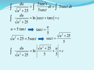 dttdt
t
t
u
du
sec5
sec5
sec5
25
2
2  

ctt
u
du


 tansecln
252
tu tan5
5
tan
u
t 
tu sec5252

5
25
sec
2


u
t
c
uu
u
du




 55
25
ln
25
2
2
 