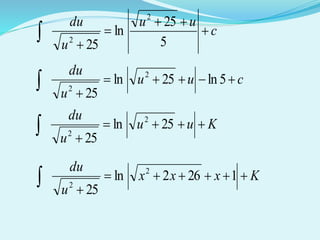 c
uu
u
du




 5
25
ln
25
2
2
cuu
u
du


 5ln25ln
25
2
2
Kuu
u
du


 25ln
25
2
2
Kxxx
u
du


 1262ln
25
2
2
 