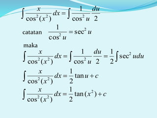 2cos
1
)(cos 222
du
u
dx
x
x
 
u
u
2
2
sec
cos
1
catatan
maka
cudx
x
x
 tan
2
1
)(cos 22
  udu
du
u
dx
x
x 2
222
sec
2
1
2cos
1
)(cos
cxdx
x
x
 )(tan
2
1
)(cos
2
22
 