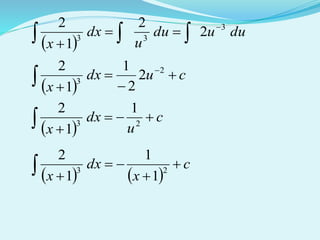  
duudu
u
dx
x
3
33
2
2
1
2 
 

 
cudx
x






2
3
2
2
1
1
2
 
c
u
dx
x

 23
1
1
2
   
c
x
dx
x



 23
1
1
1
2
 