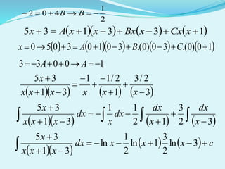 2
1
402  BB
      133135  xCxxBxxxAx
        10)0.(30)0.(30103050  CBAx
10033  AA
      3
2/3
1
2/11
31
35









xxxxxx
x
       





32
3
12
11
31
35
x
dx
x
dx
dx
x
dx
xxx
x
  
    cxxxdx
xxx
x



 3ln
2
3
1ln
2
1
ln
31
35
 