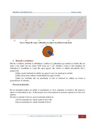 TEKNIKA E MATERIALEVE Fatmir Çerkini
2. PROVAT E METALEVE DHE LIDHJEVE TË TYRE 13
a) b) c) d) e)
Fig.2.1 Pamja dhe rruga e shkëndiave të çeliqeve me përbërje të ndryshme
ee.. MMeettooddaa ee aasshhkkllaavvee
Metoda e ashklave përbëhet në mbledhjen e ashklave të gdhendura nga metalet në retifika dhe me
sitjen e tyre nëpër sitë me imtësi 1600 vrima në 1 cm2
. Ashklat e situra të tilla shiqohen me
mikroskop të zmadhimit të vogël dhe sipas ngjyrës dhe formës së ashklës përcaktohet lloji i
çelikut.P.sh:
Çeliku i pastër karbonik ka ashklat me ngjyrë të errët me sipërfaqe të rrafshët.
Çeliku me krom ka ashklat e rrumbullakta me ngjyrë të hirtë.
Çeliku me molibden dhe me përmbajtje të lartë të karbonit ka ashklat në formë të
gjysëmsferave të zbrazëta.
Provat mekanike
Provat mekanike kryhen me qëllim të përcaktimit të vetive mekanike të metaleve dhe legurave,
aftësive të deformimit të tyre, si dhe mënyrat në të cilat materiali iu rreziston veprimeve të forcave të
jashtme.
Në bazë të veprimit të forcave, provat mekanike ndahen në:
a) Prova mekanike me veprim statik të forcës dhe
b) prova mekanike me veprim dinamik të forcës
 