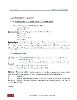 Fatmir Çerkini TEKNIKA E MATERIALEVE
138 6. KLASIFIKIMI DHE SIMBOLIZIMI I ÇELIQEVE
6.2 SIMBOLIZIMI I ÇELIQEVE
66..22..11 SSIIMMBBOOLLIIZZIIMMII II ÇÇEELLIIQQEEVVEE SSIIPPAASS SSTTAANNDDAARRDDIITT DDIINN
Sipas standardit gjerman DIN 17006 çeliku ndahet në:
1.Çelik i palidhur dhe
2.Çelik i lidhur
Çeliqet e palidhur janë ato çeliqe që nuk e kalojnë këtë përbërje kimike:
Silicium 0,5%
Mangan 0,8%
Alumin dhe titan 0,1%
Bakër 0,25%
Çeliqet e lidhur janë ato çeliqe që e kalojnë vlerën maksimale të elementeve të cekura më lart ose
çeliqet të cilëve u shtohen elemente lidhëse me qëllim të arritjes së vetive të posaçme.
Çeliqet e lidhur mund të jenë çeliqe me lidhje të ulët ku shuma e tërë elementeve lidhëse nuk
është më e madhe se 5% dhe çeliqe me lidhje të lartë ku shuma e tërë e elementeve lidhëse është më
e madhe se 5%.
II ÇÇeelliiqqeett ee ppaalliiddhhuurr
a)Çeliqet konstruktiv të zakonshëm që përdoren pa u përpunua termikisht, shenohen me:
simbolin St (Stahl) dhe
simbolin numerik i cili tregon qëndrueshmërinë minimale në tërheqje (daN/mm2
) .
Shembëll:
-çeliku me qëndr.në tërheqje 34-42 daN/mm2
, e ka simbolin :St 34
-çeliku me qëndr.në tërheqje 49-60 daN/mm2
, e ka simbolin:St 50
b)Çeliqet karbonik cilësor të cilët para përdorimit i nënshtrohen përpunimit termik, te të cilët
vetitë mekanike nuk janë kryesore, por ato të fituara pas përpunimit termik, shenohen me:
simbolin C
simbolin numerik që tregon vlerën mesatare të përqindjes së karbonit të shumzuar me
100. Duhet theksu se në këtë grup të çeliqeve numrohen ato, të cilat nuk përmbajnë më shum se
0,45% S dhe 0,045% P.
Shembëll:
 