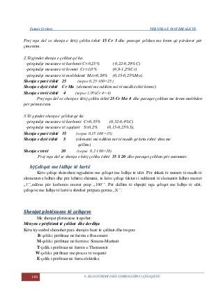 Fatmir Çerkini TEKNIKA E MATERIALEVE
140 6. KLASIFIKIMI DHE SIMBOLIZIMI I ÇELIQEVE
Prej nga del se shenja e këtij çeliku është 15 Cr 3 dhe paraqet çelikun me krom që përdoret për
çimentim.
2.Tëgjindet shenja e çelikut që ka:
-përqindje mesatare të karbonit C=0,25% ( 0,22-0,29%C)
-përqindje mesatare të kromit Cr=1,0% (0,9-1,2%Cr)
-përqindje mesatare të molibdenit Mo=0,20% (0,15-0,25%Mo)
Shenja e parë është 25 (sepse 0,25∙100=25)
Shenja e dytë është Cr Mo (elementi me ndikim më të madh është kromi)
Shenja e tretë është 4 (sepse 1,0%Cr∙4=4)
Prej nga del se shenja e këtij çeliku është 25 Cr Mo 4 dhe paraqet çelikun me krom-molibden
për përmirësim.
3.Të gjindet shenja e çelikut që ka:
-përqindje mesatare të karbonit C=0,35% (0,32-0,4%C)
-përqindje mesatare të squfurit S=0,2% (0,15-0,25%S),
Shenja e parë është 35 (sepse 0,35∙100=35)
Shenja e dytë është S (elementi me ndikim më të madh që këtu është shtu me
qëllim)
Shenja e tretë 20 (sepse 0,2∙100=20)
Prej nga del se shenja e këtij çeliku është 35 S 20 dhe paraqet çelikun për automate.
b)Çeliqet me lidhje të lartë
Këto çeliqe shënohen ngjashëm me çeliqet me lidhje të ulët. Për shkak të numrit të madh të
elementeve lidhës dhe për lehtësi shënimi, te këto çeliqe faktori i ndikimit të elementit lidhës merret
,,1’’,ndërsa për karbonin merret prap ,,100’’. Për dallim të shpejtë nga çeliqet me lidhje të ulët,
çeliqeve me lidhje të lartë u shtohet përpara germa ,,X’’.
SShheennjjaatt pplloottëëssuueessee ttëë ççeelliiqqeevvee
Me shenjat plotësuese tregohet:
Mënyra e përfitimit të çelikut dhe derdhja
Këtu ky smbol shënohet para shenjës bazë të çelikut dhe tregon:
B-çelik i përfituar në furrën e Besemerit
M-çelik i përfituar në furrën e Simens-Martinit
T-çelik i përfituar në furrën e Thomsonit
W-çelik i përfituar me proces të veqantë
E-çelik i përfituar në furra elektrike
 