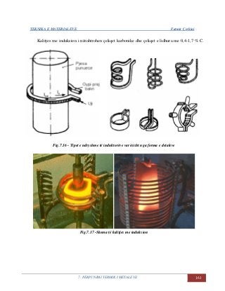 TEKNIKA E MATERIALEVE Fatmir Çerkini
7. PËRPUNIMI TERMIK I METALEVE 161
Kalitjes me induksion i nënshtrohen çeliqet karbonike dhe çeliqet e lidhura me 0,4-1,7 % C.
Fig.7.16 - Tipet e ndryshme të induktorëve varësisht nga forma e detaleve
Fig.7.17 -Skema të kalitjes me induksion
 