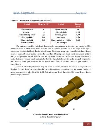 TEKNIKA E MATERIALEVE Fatmir Çerkini
11. DERDHJA 173
Tabela 13 - Tkurrja e metaleve pas derdhjes dhe ftohjes
Për punimin e modeleve përdoret: druri, metalet e ndryshme dhe lidhjet e tyre, gipsi dhe dylli,
ndërsa në kohë të fundit edhe masat plastike. Më së tepërmi përdoret druri për arsye se ka mjaft,
përpunohet dhe trajtohet lehtë dhe ka cilësi të mira. Rëndom, për punimin e modelit, përdoret: druri i
pishës, i çamit, i blirit, i krekës, i arrës dhe i dardhës. Druri i pishës dhe i çamit përmbajnë rrëshirë
dhe për atë pranojnë më pak lagështi, më pak bymehen dhe tkurren në fazën e tharjes. Bliri është i
lehtë, elastik, por pranon mjaft lagështi dhe tkurret e bymehet shumë. Kreka tkurret, pak përpunohet
dhe përdoret lehtë për modelet më të ndërlikuara. Druri i dardhës përdoret për modelet e
komplikuara.
Modelet mund të përgaditen prej një cope të vetme, sidomos për detale të vogla dhe të
thjeshta. Por për detale më të mëdha dhe më të komplikuara përgaditen prej më shumë copave të
ngjitura me ngjitës të ndryshëm. Në fig.11.3a është treguar detali dhe në fig.11.3b modeli prej druri i
përbërë prej dy pjesëve.
a) b)
Fig.11.3 -Modelimi i detalit me model dypjesësh
a-detali, b-modeli prej druri
Metali Tkurrja (%) Metali Tkurrja
(%)
Giza-hekuri i
derdhur
Hekuri i temperuar
Giza e çelikët
Giza e kallajit
Metali i bardhë
1
1,6
2,0
0,44
0,50
Giza e plumbit
Giza e bakrit
Bronza, giza e
mesingut
Giza e metaleve të lehta
Giza e zingut
1,1
1,25
1,50
1,50
1,60
 