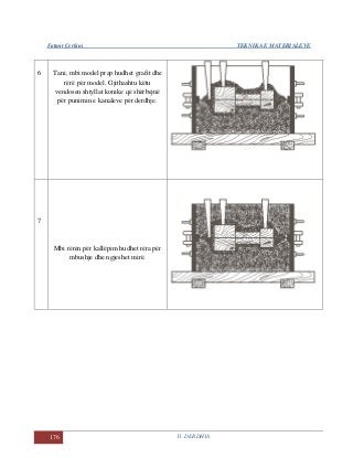 Fatmir Çerkini TEKNIKA E MATERIALEVE
176 11. DERDHJA
6 Tani, mbi model prap hudhet grafit dhe
rërë për model. Gjithashtu këtu
vendosen shtyllat konike që shërbejnë
për punimin e kanaleve për derdhje.
7
Mbi rërën për kallëpim hudhet rëra për
mbushje dhe ngjeshet mirë.
 