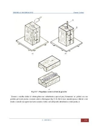 TEKNIKA E MATERIALEVE Fatmir Çerkini
11. DERDHJA 179
a) b)
c)
Fig.11.5 - Përgaditja e zemrës në kuti dy pjesëshe
Zemrat e mëdha duhet të shtërngohen me mbështetësa special prej llamarinës së çeliktë ose me
gozhda që të jetë pozita e zemrës saktë e shtërnguar (fig.11.6). Që të mos mundet pjesa e shkrirë e më
rëndë e metalit me ngritë më lartë zemrën e lehtë, në kallëp mbi mbështetëse vehet pesha d.
 