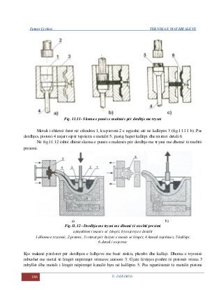 Fatmir Çerkini TEKNIKA E MATERIALEVE
186 11. DERDHJA
Fig. 11.11- Skema e punës e makinës për derdhje me trysni
Metali i shkrirë futet në cilindrin 1, ku pistoni 2 e ngjeshë atë në kallëpin 3 (fig.11.11 b). Pas
derdhjes, pistoni 4 nxjerr sipër tepricën e metalit 5; pastaj hapet kallëpi dhe nxirret detali 6.
Në fig.11.12 është dhënë skema e punës e makinës për derdhje me trysni me dhomë të nxehtë
presimi.
a) b)
Fig.11.12 - Derdhja me trysni me dhomë të nxehtë presimi
a)injektimi i masës së lëngët, b) nxjerrja e detalit
1.dhoma e trysnisë, 2.pistoni, 3.vrimat për hyrjen e masës së lëngët, 4.kanali injektues, 5.kallëpi,
6.detali i nxjerrur
Kjo makinë përdoret për derdhjen e lidhjeve me bazë zinku, plumbi dhe kallaji. Dhoma e trysnisë
mbushet me metal të lëngët nëpërmjet vrimave anësore 3. Gjatë lëvizjes poshtë të pistonit vrima 3
mbyllet dhe metali i lëngët nëpërmjet kanalit hyn në kallëpin 5. Pas ngurtësimit të metalit pistoni
 