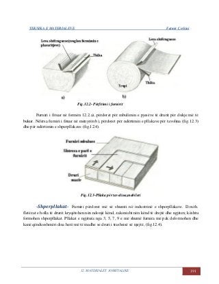 TEKNIKA E MATERIALEVE Fatmir Çerkini
12. MATERIALET JOMETALIKE 191
Fig.12.2- Përfitimi i furnirit
Furniri i fituar në formën 12.2.a), përdoret për mbulimin e pjesëve të drurit për dukje më të
bukur. Ndërsa furniri i fituar në mënyrën b), përdoret për ndërtimin e pllakave për tavolina (fig.12.3)
dhe për ndërtimin e shperpllakave (fig.12.4).
Fig.12.3-Pllaka për tavolina,mobileri
-Shperpllakat- Furniri përdoret më së shumti në industrinë e shperpllakave. D.m.th.
fletëzat e holla të drurit kryqëtohen nën ndonjë kënd, zakonisht nën kënd të drejtë dhe ngjiten; kështu
formohen shperpllakat. Pllakat e ngjitura nga 3, 5, 7, 9 e më shumë furnira më pak deformohen dhe
kanë qëndueshmëri disa herë më të madhe se druri i trashsisë së njejtë, (fig.12.4).
 