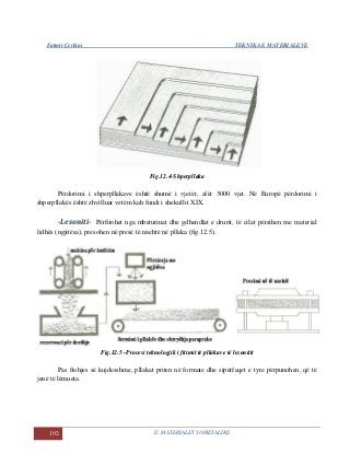 Fatmir Çerkini TEKNIKA E MATERIALEVE
192 12. MATERIALET JOMETALIKE
Fig.12.4-Shperpllaka
Përdorimi i shperpllakave është shumë i vjetër, afër 3000 vjet. Në Europë përdorimi i
shperpllakës është zhvilluar vetëm kah fundi i shekullit XIX.
-Lesoniti- Përfitohet nga mbeturinat dhe gdhendlat e drurit, të cilat përzihen me material
lidhës (ngjitësa), presohen në presë të nxehtë në pllaka (fig.12.5).
Fig.12.5 -Procesi teknologjik i fitimit të pllakave të lesonitit
Pas ftohjes së kujdesshme, pllakat priten në formate dhe sipërfaqet e tyre përpunohen, që të
jenë të lëmueta.
 