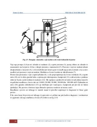 Fatmir Çerkini TEKNIKA E MATERIALEVE
20 2. PROVAT E METALEVE DHE LIDHJEVE TË TYRE
Fig.2.9 Paraqitja skematike e një makine universale hidraulike këputëse
Vaji nga pompa (1) hyn në cilindër të makinës (2), ngritë pistonin (3), pastaj shkon në cilindër të
manometrit me lavjerrës (4) ku e shtypë pistonin e manometrit (5). Presioni i vajit në makinë mbanë
drejtpeshimin e lavjersit (6), i cili rrotullohet për kënd aq më të madh nga pozita normale e tij sa më i
madh të jetë presioni i vajit në makinë. Madhësia e forcës lexohet në shkallëzimin (7).
Pistoni nën presionin e vajit e ngritë pllakën (8), e cila prap nëpërmjet dy levave vërtikale (9), e ngritë
urën (10), në të cilën gjendet koka e epërme për shtrëngimin e kampionit (11), ndërsa koka e poshtme
është në bazën e palëvizshme të makinës (12). Me ngritjen e peshës(6) në lartësi të ndryshme mund të
rregullohet madhësia e forcës deri në 10.000, 20.000, 30.000, 50.000 dhe 100.000 daN. Gjithashtu në
urën (10) gjenden mbështetësit (13) që shërbejnë për vendosjen e kampionit për provën në lakim
(përkulje). Për provën e fortësisë sipas Brinelit epruveta vendoset në mesin e urës.
Rrjedhimi i provës në tërheqje të metalit mund të përcillet nëpërmjet të diagramit të fituar gjatë
provës .
P.sh, nëse kemi bë provën në tërheqje të epruvetës së çelikut me pak karbon diagrami i varshmërisë
së zgjatimit (Δl) nga madhësia e forcës (F) është si në fig.2.10.
 