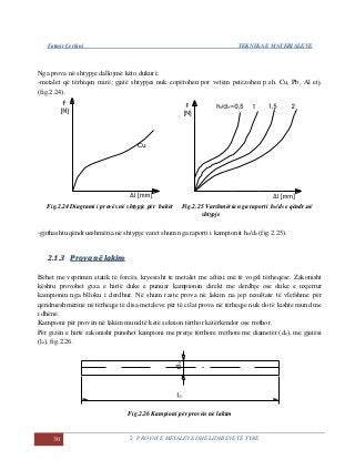 Fatmir Çerkini TEKNIKA E MATERIALEVE
30 2. PROVAT E METALEVE DHE LIDHJEVE TË TYRE
Nga prova në shtypje dallojmë këto dukuri:
-metalet që tërhiqen mirë; gjatë shtypjes nuk copëtohen por vetëm petëzohen p.sh. Cu, Pb, Al etj.
(fig.2.24).
Fig.2.24 Diagrami i provës në shtypje për bakër Fig.2.25 Varshmëria nga raporti h0/d0 e qëndr.në
shtypje
-gjithashtu qëndrueshmëria në shtypje varet shum nga raporti i kampionit ho/do (fig.2.25).
22..11..33 PPrroovvaa nnëë llaakkiimm
Bëhet me veprimin statik të forcës, kryesisht te metalet me aftësi më të vogël tërheqëse. Zakonisht
kështu provohet giza e hirtë duke e punuar kampionin direkt me derdhje ose duke e nxjerrur
kampionin nga blloku i derdhur. Në shum raste prova në lakim na jep rezultate të vlefshme për
qëndrueshmërinë në tërheqje të disa metaleve për të cilat prova në tërheqje nuk do të kishte mund me
i dhënë.
Kampioni për provën në lakim mund të ketë seksion tërthor katërkëndor ose rrethor.
Për gizën e hirtë zakonisht punohet kampioni me prerje tërthore rrethore me diametër (do), me gjatësi
(lo), fig.2.26.
Fig.2.26 Kampioni për provën në lakim
 