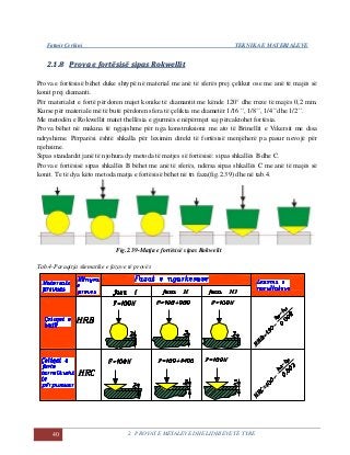 Fatmir Çerkini TEKNIKA E MATERIALEVE
40 2. PROVAT E METALEVE DHE LIDHJEVE TË TYRE
22..11..88 PPrroovvaa ee ffoorrttëëssiissëë ssiippaass RRookkwweelllliitt
Prova e fortësisë bëhet duke shtypë në material me anë të sferës prej çelikut ose me anë të majës së
konit prej diamanti.
Për materialet e fortë përdoren majet konike të diamantit me kënde 120° dhe rreze të majës 0,2 mm.
Kurse për materiale më të butë përdoren sfera të çelikta me diametër 1/16´´, 1/8´´, 1/4´´dhe 1/2´´.
Me metodën e Rokwellit matet thellësia e gjurmës e nëpërmjet saj përcaktohet fortësia.
Prova bëhet në makina të ngjajshme për nga konstruksioni me ato të Brinellit e Vikersit me disa
ndryshime. Përparësi është shkalla për leximin direkt të fortësisë menjëherë pa pasur nevojë për
njehsime.
Sipas standardit janë të njohura dy metoda të matjes së fortësisë: sipas shkallës B dhe C.
Prova e fortësisë sipas shkallës B bëhet me anë të sferës, ndërsa sipas shkallës C me anë të majës së
konit. Te të dya këto metoda matja e fortësisë bëhet në tri faza(fig.2.39) dhe në tab.4.
Fig.2.39-Matja e fortësisë sipas Rokwelit
Tab.4-Paraqitja skematike e fazave të provës
 