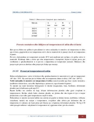 TEKNIKA E MATERIALEVE Fatmir Çerkini
2. PROVAT E METALEVE DHE LIDHJEVE TË TYRE 51
Tabela 5- Dimensionet e kampionit sipas standardeve
Metoda b a R α
mm mm mm °
ISO-V
ISO-U
DVM
DVMF
10 8 0,25 45
10 5 1 0
10 7 1 0
8 6 4 0
PPrroovvaatt ee mmeettaalleevvee ddhhee lliiddhhjjeevvee nnëë tteemmppeerraattuurraa ttëë uullëëttaa ddhhee ttëë llaarrttaa
Këto prova bëhen me qëllim të përcaktimit të vetive mekanike të metaleve në temperatura të ulëta
apo të larta, gjegjësisht në ato temperatura në të cilat ai material do të punojë d.m.th. në temperatura
të punës.
Provat e deritanishme në temperaturë normale 20°C nuk mjaftojnë për njohjen e të gjitha vetive të
materialit. Kështuqë duke e rritur apo ulur temperaturën e kampionit, bëjmë të njejtat prova për
verifikimin e qëndrueshmërisë si te provat e mëparshme në temperaturë normale. Makinave dhe
paisjeve për prova iu shtohen edhe paisjet për ftohje apo nxemje.
22..11..1133 PPrroovvaatt nnëë tteemmppeerraattuurraa ttëë uullëëttaa
Bëhen në hulumtimin e vetive të fortësisë dhe qëndrueshmërisë të materialeve të egër në temperaturë
-60° deri -70°C. Ka raste kur provat bëhen edhe në temperatura shum të ulëta (-196° deri -269°C).
Vetitë mekanike të metaleve në temperatura të ulëta varen kryesisht nga lloji i rrjetës kristalore,
madhësitë e kokërrzave, sasia dhe shpërndarja e primesave, nga elementet legurues.
Te metalet me rrjetë kristalore heksagonale të dendur (magnezium, titan, berilium), deformimet
plastike janë të kufizuara qysh nga 0°C.
Rrjetat kubike me centrim në faqe, lelojnë deformacione plastike edhe gjatë zvoglimit të
temperaturave. Kështu, nikeli, bakri, alumini, plumbi, ari, platina dhe disa legura të tyre e ruajnë
plasticitetin e tyre edhe gjatë temperaturave mjaft të ulëta.
Përkundrazi, te metalet me rrjeta kubike me centrim në qendër (α-hekuri, kromi, molibdeni, volframi,
vanadiumi, tantali) me ramjen e temperaturës, zvoglohet edhe aftësia për deformim dhe në
temperatura të caktuara ato kanë prirje për thyerje pa u lajmërua deformimet plastike. Në fig.2.50
është paraqitë ndikimi i ndryshimit të temperaturës në zgjatimin relativ për disa metale.
 