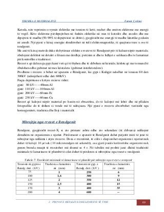 TEKNIKA E MATERIALEVE Fatmir Çerkini
2. PROVAT E METALEVE DHE LIDHJEVE TË TYRE 69
Katoda, nën veprimin e rrymës elektrike me tension të lartë, nxehet dhe emiton elektrone me energji
të vogël. Këto elektrone përshpejtohen në fushën elektrike në mes të katodës dhe anodës dhe me
shpejtësi të madhe (50-90% të shpejtësisë së dritës), gjegjësisht me energji të madhe kinetike godasin
në anodë. Një pjesë e kësaj energjie shndërrohet në tufë elektromagnetike, të quajtura rreze x ose të
rendgenit.
Me anë të kësaj metode duke shfrytëzuar efektin e rrezeve të Rendgenit për të kaluar nëpër materiale,
zbulojmë defektet në detalet e fituara me derdhje, petëzim si dhe te lidhjet e salduara dhe te lamarinat
për kontrollin e trashësisë.
Rrezet x që dalin nga gypi kanë veti që të thyhen dhe të dëbohen në kristale, kështu që me to mund të
zbulohen edhe gabimet në mes kristaleve (gabimet interkristalore).
Prodhimi i rrezeve x bëhet në aparatin e Rëndgenit, ku gypi i Kuligjit ndodhet në tension 80 deri
300kV (ndonjëherë edhe deri 600kV).
Fuqia depërtuese e këtyre rrezeve është:
gjatë 80 kV------40mm Al
gjatë 110 kV-----100mm Al
gjatë 200 kV-----60mm Fe
gjatë 230 kV-----60mm Cu
Rrezet që kalojnë nëpër material po hasën në zbrazëtira, do të kalojnë më lehtë dhe në pllakën
fotografike do të shihen si vende më të ndriçuara. Një pjesë e rrezeve absorbohet varësisht nga
homogjeniteti, trashësia dhe lloji i materialit.
Mbrojtja nga rrezet e Rendgenit
Rendgeni, gjegjësisht rrezet-X, si ato primare ashtu edhe ato sekondare (të dëbuara) ndikojnë
dëmshëm në organizmin e njeriut. Përdoruesit e aparatit të Rendgenit duhet patjetër mirë të jenë të
mbrojtur nga ndikimi i atyre rrezeve. Doza e rrezatimit, të cilës i ekspozohet organizmi i njeriut nuk
duhet të kalojë 10 μr/sek (10 mikrorendgen në sekondë), ose gjatë punës katërorëshe organizmi nuk
guxon brenda muajit të rrezatohet më shumë se 4 r. Në tabelën më poshtë janë dhënë trashësitë
minimale të lamarinave të plumbit të cilat duhet të përdoren si mbrojtëse nga rrezet e rendgenit.
Tabela 7- Trashësitë minimale të lamarinave të plumbit për mbrojtje nga rrezet e rentgenit
Tensioni në gypin e
Rendg. deri ( kV )
Trashësia e lamarinës
në (mm)
Tensioni në gyp. e
Rendg. deri ( kV )
Trashësia e lamarinës
në (mm)
75 1 250 6
100 1,6 300 9
125 2 350 12
150 2,5 400 15
170 3 400 35
200 4 600 --
 