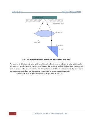 Fatmir Çerkini TEKNIKA E MATERIALEVE
74 2. PROVAT E METALEVE DHE LIDHJEVE TË TYRE
Fig.2.78- Skema e mbështetjes së kampionit për shiqim me metaloskop
Prova duhet të fillojë me një rritje më të vogël të mikroskopit, e pastaj kalohet në rritje më të madhe.
Rritja fitohet me shumëzimin e rritjes së objektivit dhe rritjes së okularit. Mikroskopët metalografik
janë të paisur edhe me aparaturën për fotografimin e strukturës së kampionit dhe me rrjetën
krahasuese e cila përdoret për përcaktimin e madhësisë së kokërrzave të kampionit.
Skema e një mikroskopi metalografik është paraqitë në fig.2.79.
 
